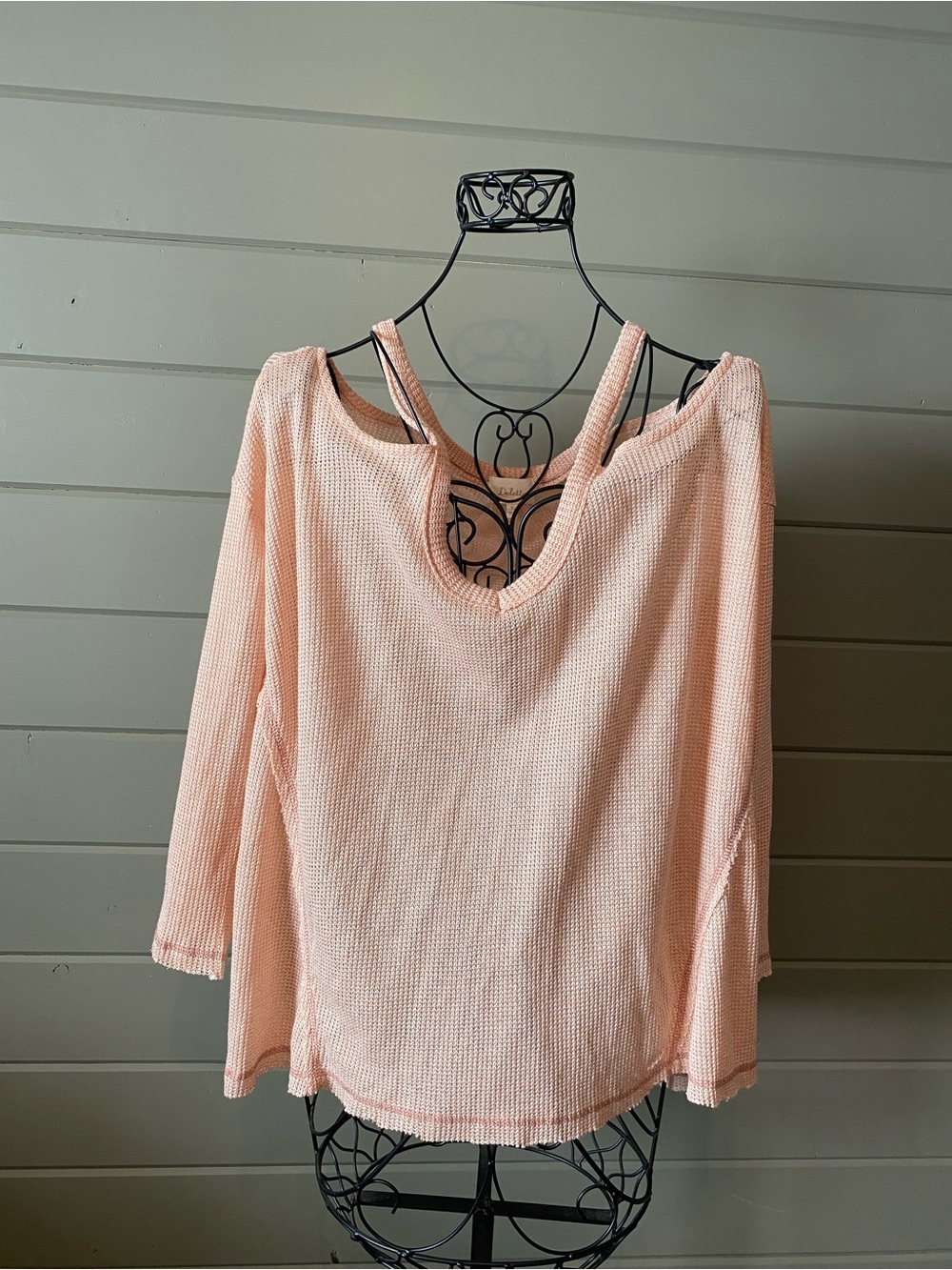 Deletta Light Pink Waffle Knit Cold-Shoulder Long Sleeve Top